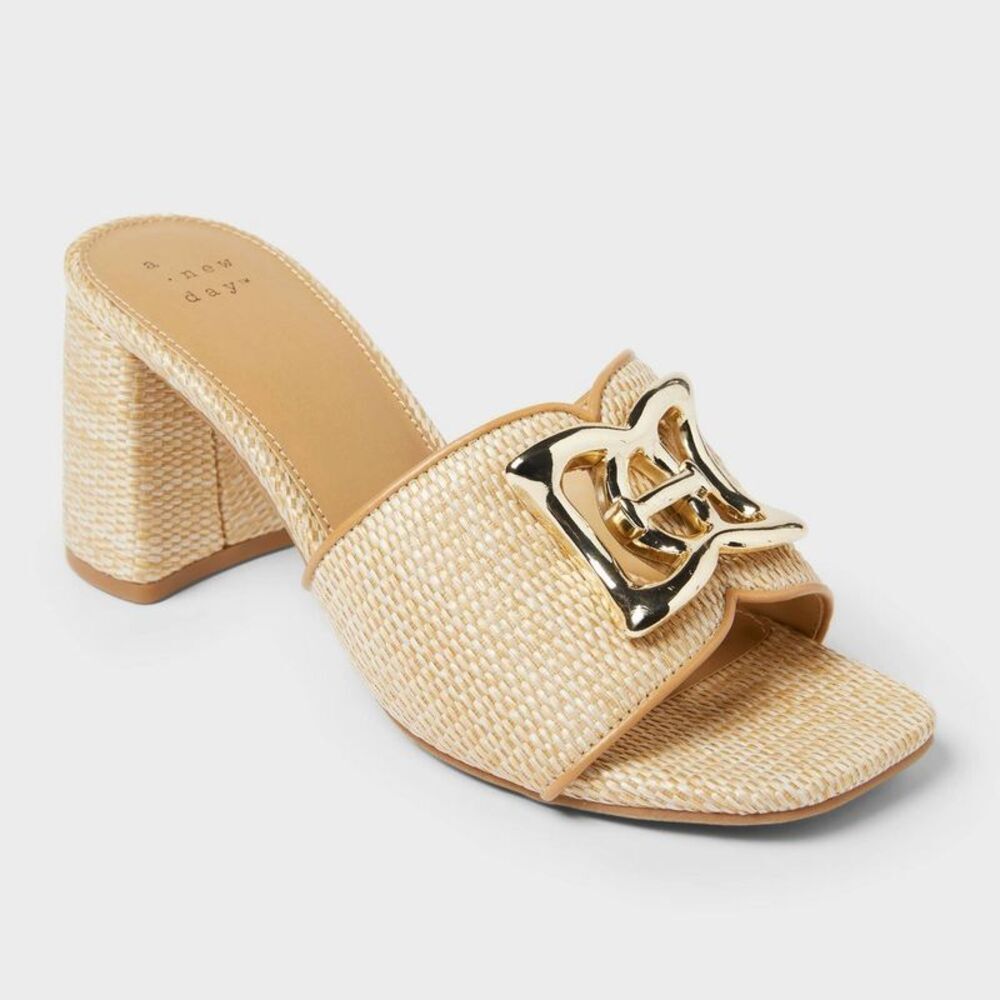 a new day Beige Woven Block Heel Slide Sandals with Gold Accent